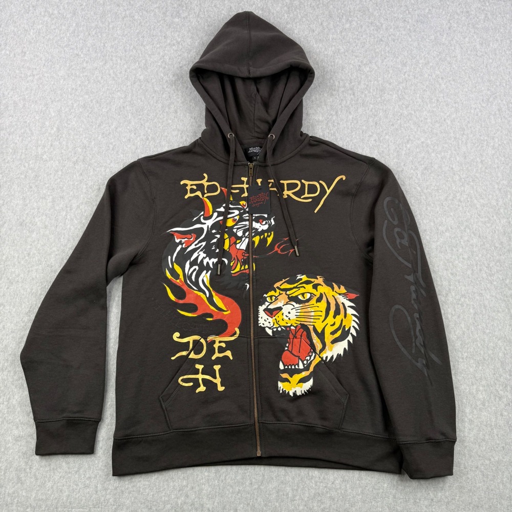 Ed Hardy Hoodie Mens Large Brown Full Zip Tiger Graphic Print Sweatshirt NEW